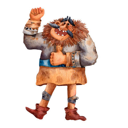 Cartoon illustration of funny viking. Portrait of big man. Old cloth, beard and helmet. Ancient scandinavian man. Cute cartoon character. Medirval viking. Traditional man portrait.の写真素材