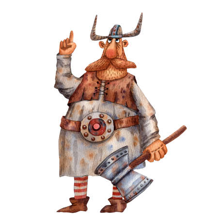 Cartoon illustration of funny viking. Portrait of big man. Old cloth, beard and helmet. Ancient scandinavian man. Cute cartoon character. Medirval viking. Traditional man portrait.の写真素材