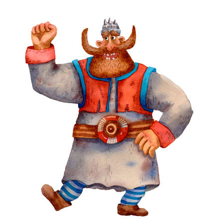 Cartoon illustration of funny viking. Portrait of big man. Old cloth, beard and helmet. Ancient scandinavian man. Cute cartoon character. Medirval viking. Traditional man portrait.の写真素材