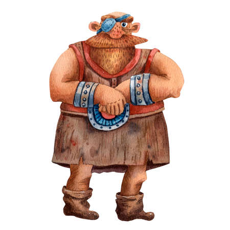 Cartoon illustration of funny viking. Portrait of big man. Old cloth, beard and helmet. Ancient scandinavian man. Cute cartoon character. Medirval viking. Traditional man portrait.の写真素材