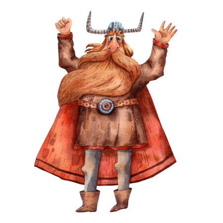 Cartoon illustration of funny viking. Portrait of big man. Old cloth, beard and helmet. Ancient scandinavian man. Cute cartoon character. Medirval viking. Traditional man portrait.の写真素材
