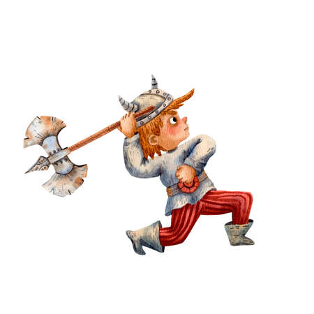 Cartoon illustration of funny viking. Boy portrait. Viking helmet. Ancient scandinavian child. Cute cartoon character. Medieval viking. Cartoon children character.の写真素材