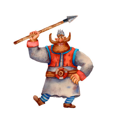 Cartoon illustration of funny viking. Portrait of big man. Old cloth, beard and helmet. Ancient scandinavian man. Cute cartoon character. Medirval viking. Traditional man portrait.の写真素材