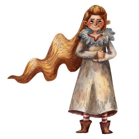 Cartoon illustration of cute viking girl. Portrait of funny child. Red cloth. Helmet and sword. Ancient scandinavian girl. Cute cartoon character. Medieval viking. Traditional children portrait.の写真素材