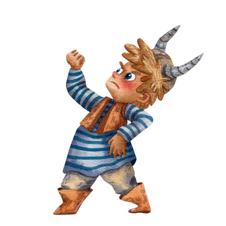 Cartoon illustration of funny viking. Boy portrait. Viking helmet. Ancient scandinavian child. Cute cartoon character. Medieval viking. Cartoon children character.の写真素材