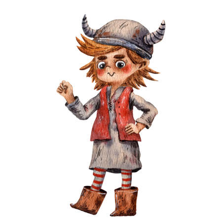 Cartoon illustration of funny viking. Boy portrait. Viking helmet. Ancient scandinavian child. Cute cartoon character. Medieval viking. Cartoon children character.の写真素材