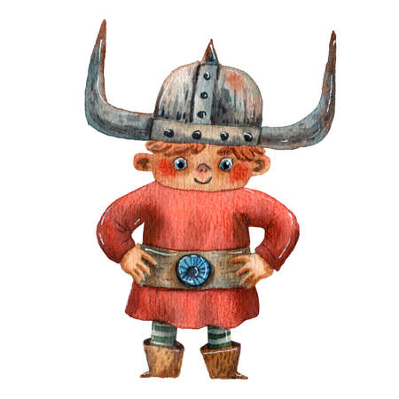 Cartoon illustration of funny viking. Boy portrait. Viking helmet. Ancient scandinavian child. Cute cartoon character. Medieval viking. Cartoon children character.の写真素材