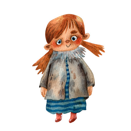 Cartoon illustration of cute viking girl. Portrait of funny child. Red cloth. Ancient scandinavian girl. Cute cartoon character. Medieval viking. Traditional children portrait.の写真素材