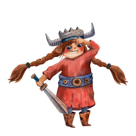 Cartoon illustration of cute viking girl. Portrait of funny child. Red cloth. Ancient scandinavian girl. Cute cartoon character. Medieval viking. Traditional children portrait.の写真素材