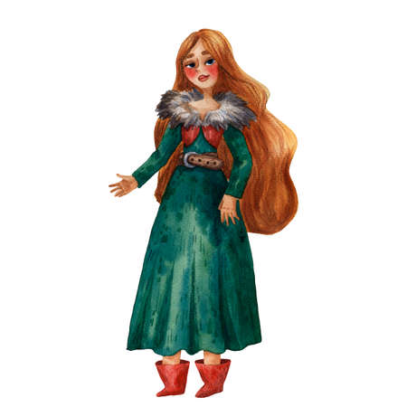Cartoon illustration of cute viking woman. Portrait of pretty girl. Green cloth. Long hair. Ancient scandinavian girl. Cute cartoon character. Medieval viking. Traditional woman portrait.の写真素材