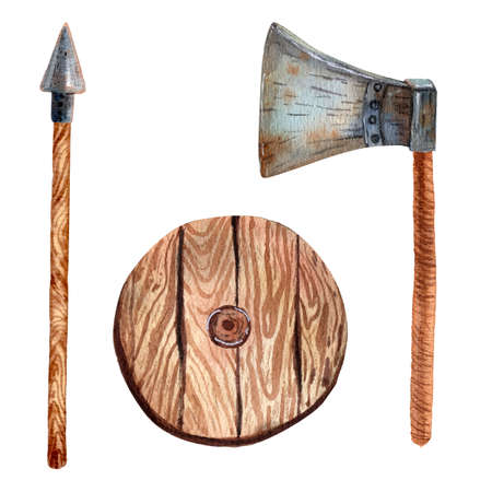 Viking arms set. Cute cartoon style of art. Viking ax, spear and shield. Viking party decoration. Ancient scandinavian traditional items. Illustrations for card and print.の写真素材