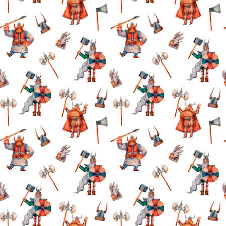 Cute viking pattern. Seamless texture. Dragons, vikings, shields and chest. Fairy tale cartoon style. Funny textile print fot boys. Children illustrations. Wrapping paper print.の写真素材