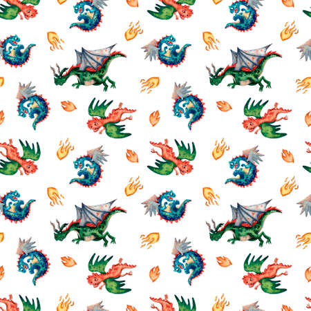 Cute viking pattern. Seamless texture. Dragons, helmets, shields and fire. Fairy tale cartoon style. Funny textile print fot boys. Children illustrations. Wrapping paper print.の写真素材