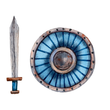 Viking arms set. Cute cartoon style of art. Viking ax, spear and shield. Viking party decoration. Ancient scandinavian traditional items. Illustrations for card and print.の写真素材