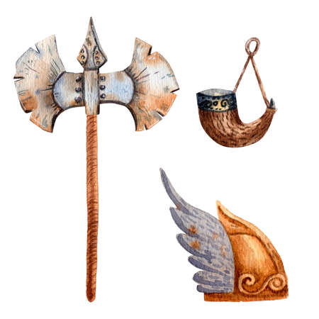 Viking arms set. Cute cartoon style of art. Viking ax, horn and helmet. Viking party decoration. Ancient scandinavian traditional items. Illustrations for card and print.の写真素材
