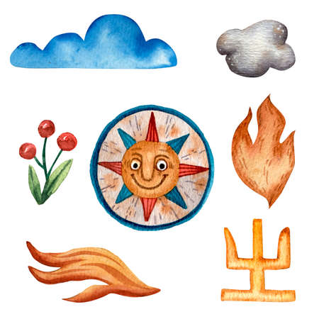 Viking symbols set. Cute cartoon style of art. Viking sun emblem, fire, cloud and smoke. Viking party decoration. Ancient scandinavian traditional items. Illustrations for card and print.の写真素材