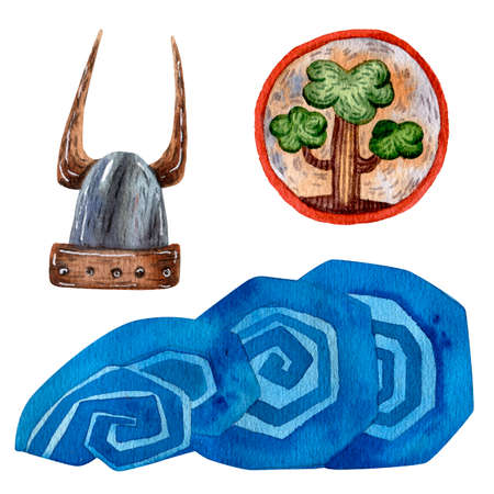 Viking set. Cute cartoon style of art. Viking helmet, tree emblem and decorative wave .. Viking party decoration. Ancient scandinavian traditional items. Illustrations for card and print.の写真素材