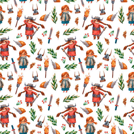 Cute viking pattern. Seamless texture. Little viking girls, swords and helmets. Fairy tale cartoon style. Funny textile print for girls. Children illustrations. Wrapping paper print.の写真素材