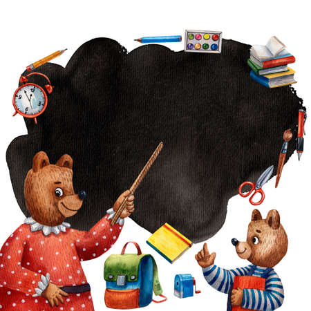 Watercolor illustration of teacher. Cute bear. Hand drawn cartoon character. Pointer in hand. Kind teacher. Smiling teddy bear character. Funny old teacher. Little smart pupil. Black frame for text.の写真素材