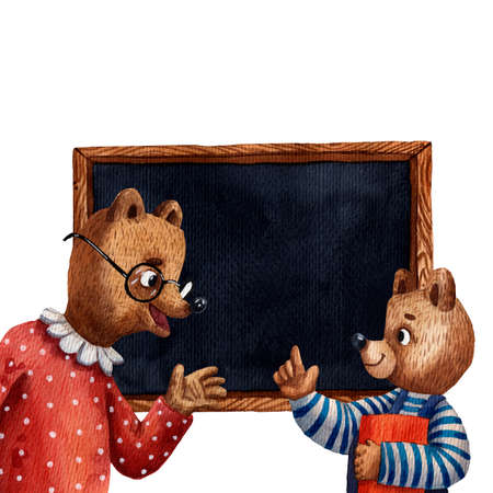 Watercolor illustration of teacher. Cute bear. Hand drawn cartoon character. Kind teacher. Smiling teddy bear character. Little smart pupil. Black frame for text. Illustration for elementary school.の写真素材