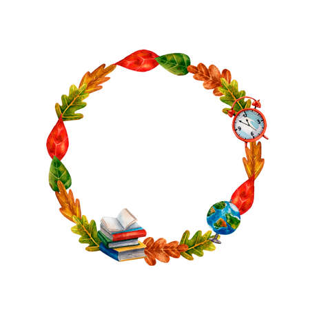 Watercolor floral wreath. Autumn leaf fall. School frame for announcement. Hand drawn circle frame. Alarm clock and books decor. Cartoon style of illustration. Autunm wreath. Leaf falling decoration.の写真素材