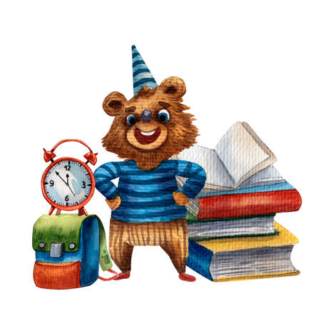 Watercolor illustration of cute bear. Pupil character. Elementary school illustration. Cartoon style. School stuff. Drawing book illustration. Little clever boy with satchel. Big knapsack.の写真素材