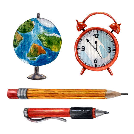 Cute watercolor school supplies. Hand drawn cartoon style. Earth globe, pen, pencil and red alarm clock. Back to school style. Elementary school supplies. Cute illustration for print. School set.の写真素材