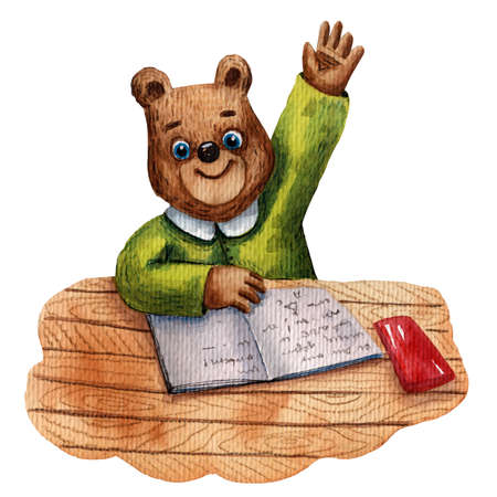 Watercolor illustration of cute bear. Pupil character. Elementary school illustration. Cartoon style. School children. Drawing book illustration. Little clever boy at the desk. Wooden school table.の写真素材