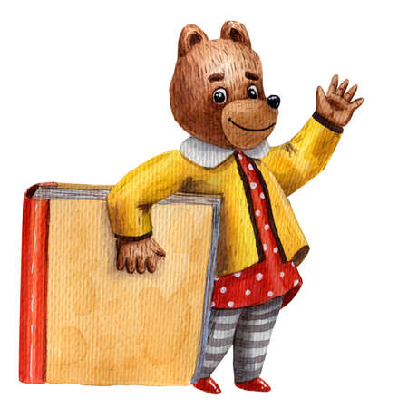 Watercolor illustration of cute bear. Pupil character. Elementary school illustration. Cartoon style. School children. Drawing book illustration. Little clever girl. School card. Fun childish picture.の写真素材