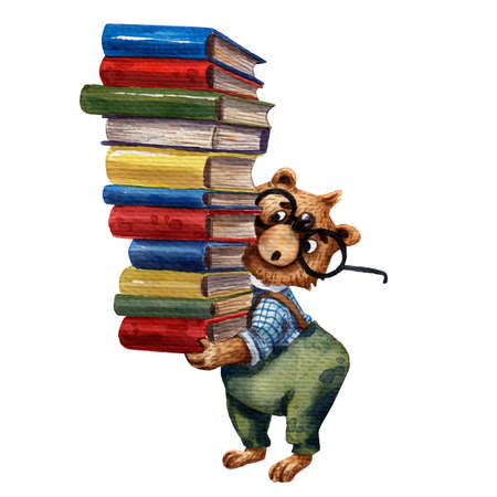 Watercolor illustration of cute bear. Pupil character. Elementary school illustration. Cartoon style. School stuff. Drawing book illustration. Little clever boy with books. Children library.の写真素材