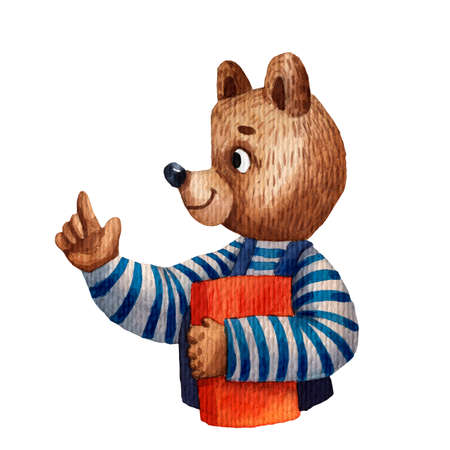 Watercolor illustration of cute bear. Pupil character. Elementary school illustration. Cartoon style. School children. Drawing book illustration. Little clever boy. School card. Fun childish picture.の写真素材