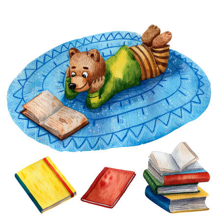 Watercolor illustration of cute bear. Pupil character. Elementary school illustration. Cartoon style. School books. Drawing book illustration. Little clever boy with books. Children library.の写真素材
