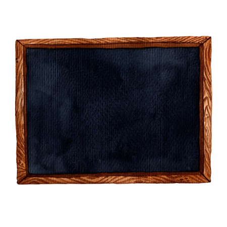Watercolor illustration of school chalk board. Black wooden desk. Cute hand drawn style. Elementary school accesory. Banner for text. Student advertisment. Isolated horizontal blackboard.の写真素材