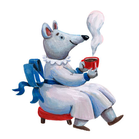 Cute sitting lady mouse. funny character. baby animal. A cup of tea. Cute fairy tale character. Little cartoon mascot. Character for postcard and prints. gouche painting. children book illustration.の写真素材