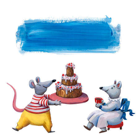 Cute cooking frame. Stroke border. Funny chef mouse character. gouche painting. children style invitation. decorative blank. card illustration. Rat character. Children's book style. greeting banner.の写真素材