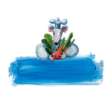 Cute cooking frame. Stroke border. Funny chef mouse character. gouche painting. children style invitation. decorative blank. card illustration. Rat character. Children's book style. greeting banner.の写真素材