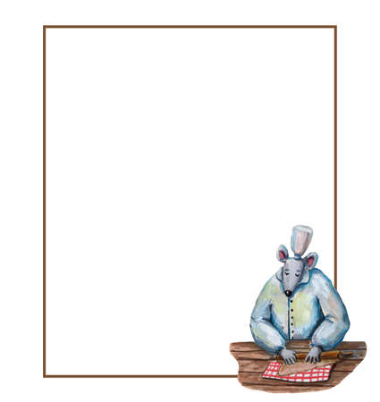 Cute cooking frame. square border. Funny chef mouse character. gouche painting. children style invitation. decorative blank. card illustration. Rat character. Children's book style. greeting banner.の写真素材