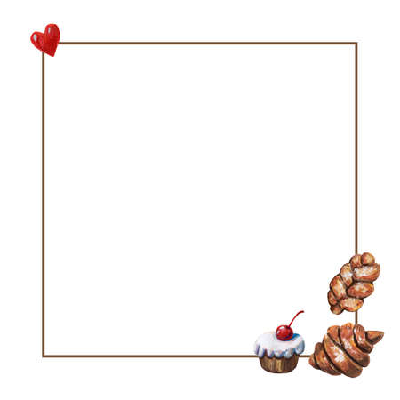 Cute gouache food frame. Waffles, cupcakes and muffins. square border. Bakery sweets. Cute cartoon style. kitchen background. Tasty cooking. Delicious desserts.Tasty sweets.の写真素材