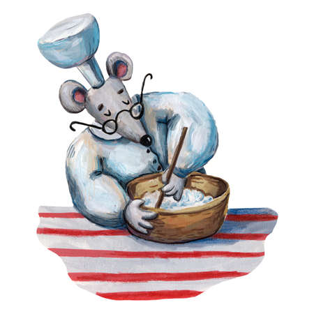 Cute gouache illustration of mouse. mouse chef. kitchen art. Mouse in hat. Cuisine illustration. kitchen clipart. Funny cartoon style, Hand drawn art. Rat in cooking hat. restaurant profession.の写真素材
