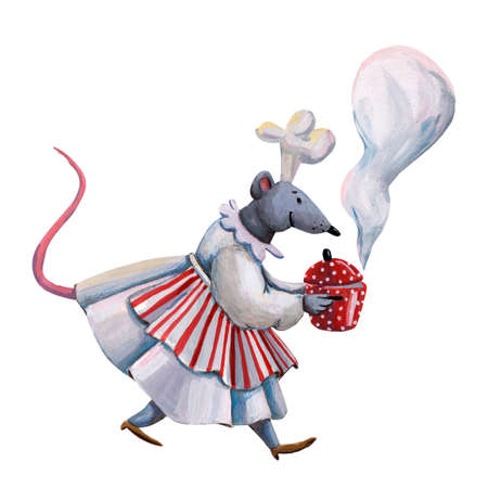 Cute gouache illustration of mouse. mouse chef. kitchen art. Mouse in hat. Cuisine illustration. kitchen clipart. Funny cartoon style, Hand drawn art. Rat in cooking hat. restaurant profession.の写真素材