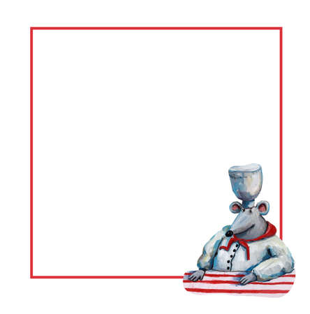 Cute cooking frame. square border. Funny chef mouse character. gouche painting. children style invitation. decorative blank. card illustration. Rat character. Children's book style. greeting banner.の写真素材