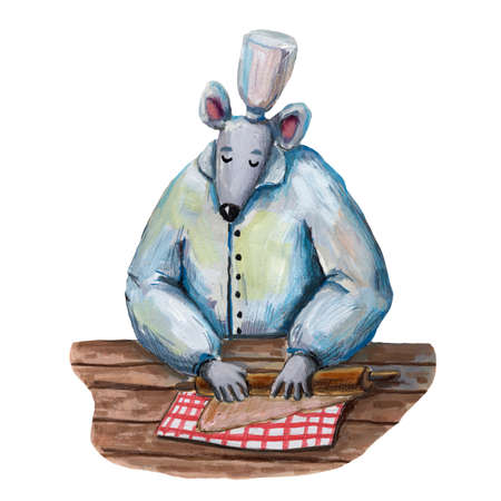 Cute gouache illustration of mouse. mouse chef. kitchen art. Mouse in hat. Cuisine illustration. kitchen clipart. Funny cartoon style, Hand drawn art. Rat in cooking hat. restaurant profession.の写真素材