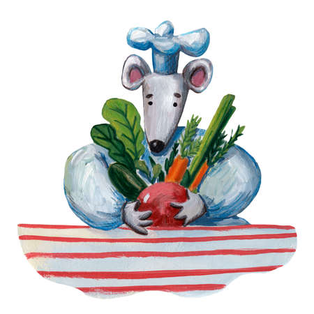 Cute gouache illustration of mouse. mouse chef. kitchen art. Mouse in hat. Cuisine illustration. kitchen clipart. Funny cartoon style, Hand drawn art. Rat in cooking hat. restaurant profession.の写真素材