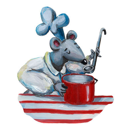 Cute gouache illustration of mouse. mouse chef. kitchen art. Mouse in hat. Cuisine illustration. kitchen clipart. Funny cartoon style, Hand drawn art. Rat in cooking hat. restaurant profession.の写真素材