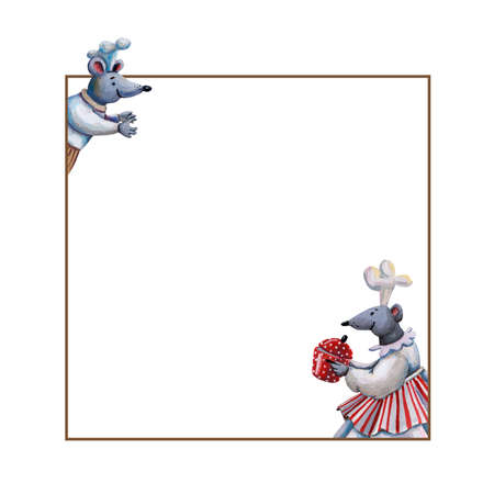 Cute cooking frame. square border. Funny chef mouse character. gouche painting. children style invitation. decorative blank. card illustration. Rat character. Children's book style. greeting banner.の写真素材