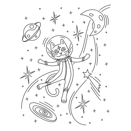 Cat astronaut in spacesuit flying in space. Outline vector illustration. Design for kids print, coloring book, t-shirt, apparel, postcards.のイラスト素材