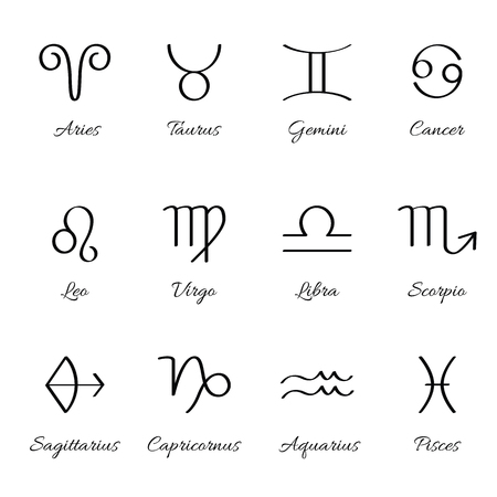 12 Zodiac sign for astrology. Calligraphy style set. Simple icons. Black on white background vectorのイラスト素材
