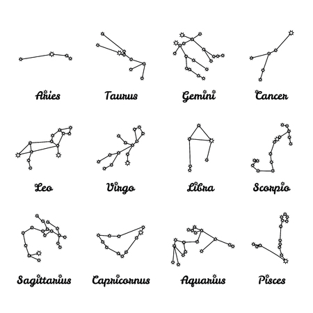 12 Zodiac constellations with captions. Set of simple illustrations. Black on white. Isolated vector.のイラスト素材