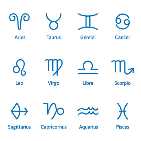 12 Zodiac sign with caption. Outline style. Set of simple icons. Blue on white background vectorのイラスト素材