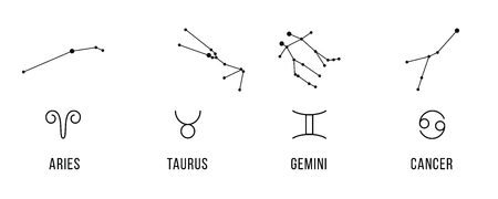 4 Zodiac signs with constellations. Aries, taurus, gemini, cancer. Vector.のイラスト素材